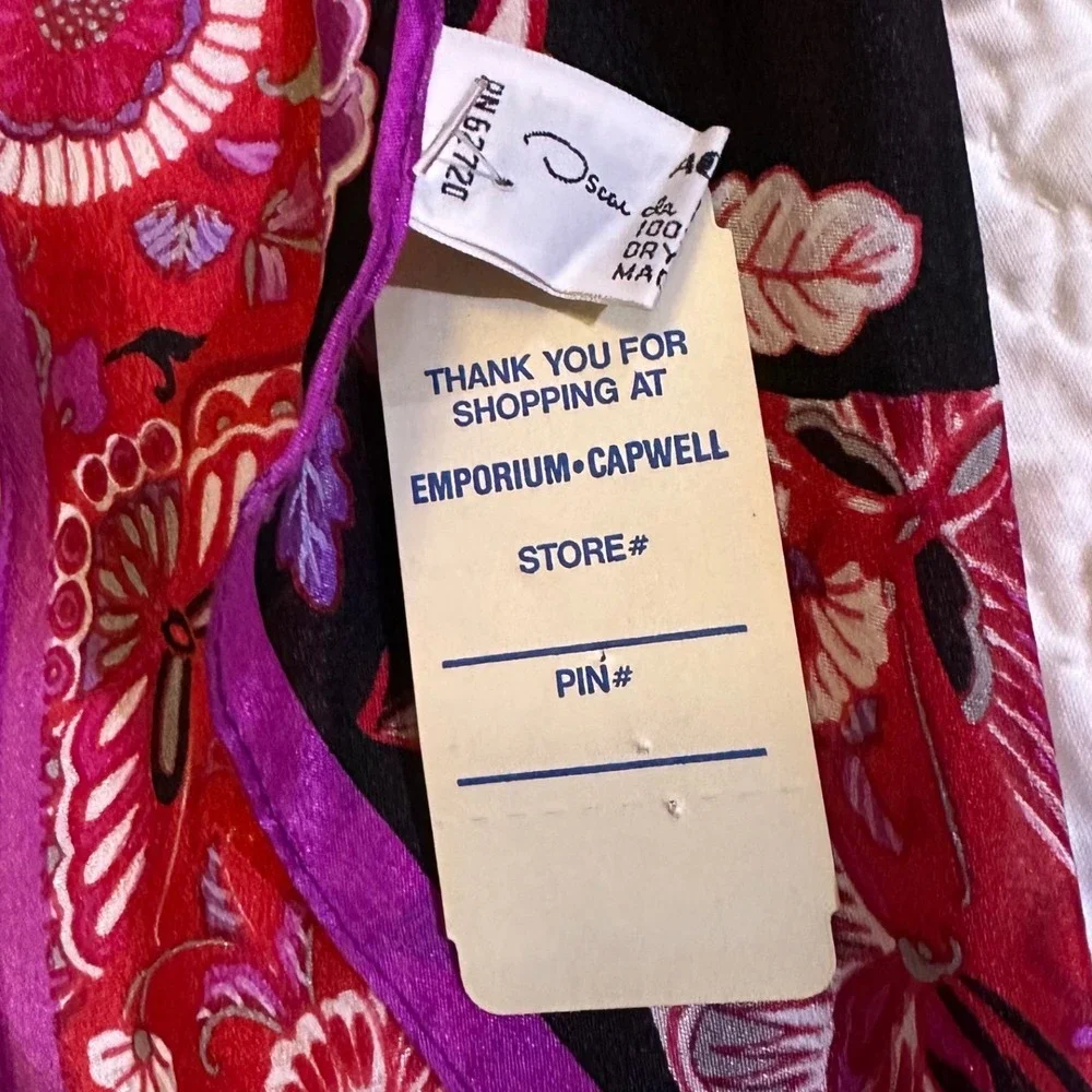 Oscar de la Renta Vintage Silk Skinny Scarf Floral Geometric Magenta Black Japan
